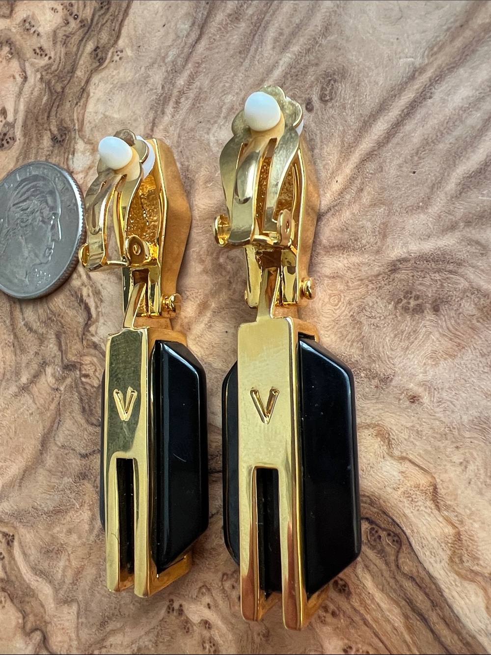 Vince Camuto Art Deco Gold-Tone Clip-On Earrings with Black Accents - Picture 4 of 5